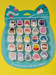 a pack of 25 mini erasers with animals on them in a blue package, sitting on a yellow background