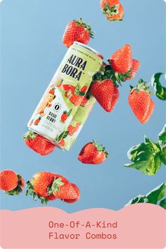 a can of aura bona flavored with strawberries flying in the air above it