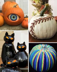 pumpkins decorated to look like sports balls and cats with eyes painted on the inside