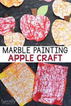 marble painting apple craft for kids on a blackboard with the words marble painting over it