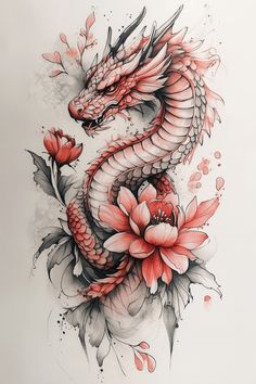 a drawing of a dragon with flowers on it's chest and head, in red ink