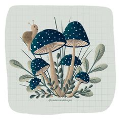 Mushroom illustration by Paulien van de Kuijlen. Six mushrooms, blue with white dots. Surrounded by green foliage. There is a cute snail on the largest mushroom. Mushroom Snail, Fungi Illustration, Mushroom Illustration, Cute Snail, Mushroom Paint, Mushroom Pictures, Mushroom Drawing, Shrink Art, Autumn Illustration