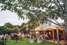 an outdoor event with people sitting at tables and lights strung from the trees over them