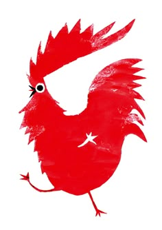 a drawing of a red bird with wings spread out and eyes wide open, on a white background