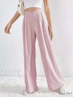 Lasaky - High-Waisted Wide-Leg Casual Trousers with Pleated Design and Crossed Waistband Mode Des Leggings, Leggings Mode, Commuter Style, Solid Color Pants, Casual Wide Leg Pants, Loose Trousers, Leisure Fashion, Weave Style, Pink Pants