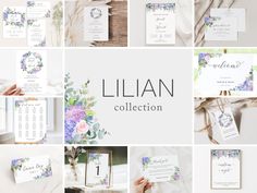 a collage of wedding stationery with purple flowers and greenery