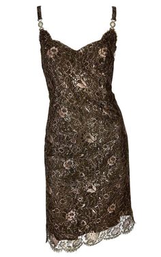 For Sale on 1stDibs - TheRealList presents: a beautiful brown lace Gianni Versace dress, designed by Gianni Versace for his Fall/Winter 1996 collection. This fabulous dress Versace Floral Dress, Vintage Versace Dress Short, Versace Short Dress, Vintage Versace Dress, Gianni Versace Dress, Polyvore Fillers, Versace Haute Couture, Brown Lace Dress, Barbie Closet