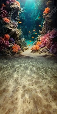 an underwater scene with corals and fish in the water, as well as sunlight coming through