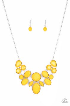 Featuring round, teardrop, and oval shapes, a collection of faceted Aspen Gold beads are pressed into sleek silver frames. The colorful frames link below the collar creating a vibrant fashion. Features an adjustable clasp closure.

Sold as one individual necklace. Includes one pair of matching earrings. Paparazzi Necklaces, Vibrant Fashion, Colorful Frames, Yellow Necklace, Yellow Jewelry, Silver Frames, Paparazzi Accessories, Inspired Jewelry, Affordable Jewelry