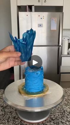 a blue cake sitting on top of a counter next to a silver refrigerator freezer