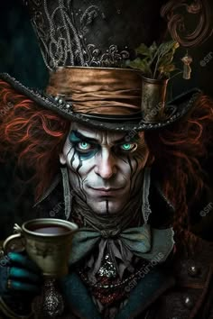 an evil clown with green eyes holding a cup in his hand and wearing a top hat