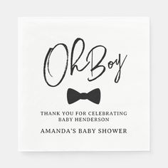 a baby shower napkin with the words, oh boy on it and a bow tie