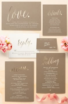 the wedding stationery suite is shown with pink flowers