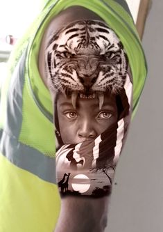 a man with a tiger on his head and an image of a woman's face