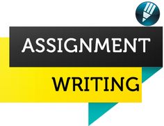 the words assignment and writing are on top of each other in black, yellow and blue