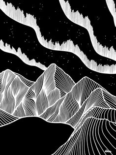 an artistic black and white drawing of mountains