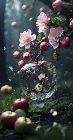 an apple tree filled with lots of pink flowers next to some glass balls and apples