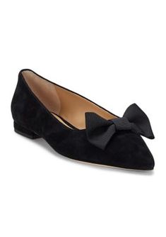 Crafted with velvety soft suede, this feminine iteration of the Londyn ballet flat features a grosgrain bow at the vamp. Lined with sumptuous leather, this style is finished with an LRL metal logo at the back counter for an iconic touch. 0.5" (15 mm) heel height. Pointed toe. Slip-on styling. "LRL" metal logo at the back counter. Padded insole. Leather lining. Buffed leather outsole. | Lauren Ralph Lauren Women's Londyn Bow-Trim Suede Ballet Flats, Black, 8M Ballet Flats Black, Suede Ballet Flats, Metal Logo, Ralph Lauren Womens, Ballet Flat, Black 7, Metallic Logo, Soft Suede, Lauren Ralph Lauren