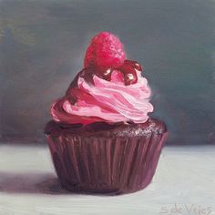 a painting of a chocolate cupcake with pink frosting and a strawberry on top