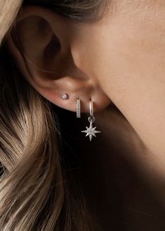 Star Hoop Earrings, Cubic Zirconia, Hoop Earrings, Sterling Silver, Stars, Silver