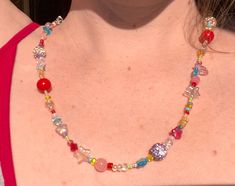 Fun pretty beaded necklace. Reminds me of a mermaid named Bubbles. Random Beaded Necklace, Cherry Beaded Necklace, Trendy Beaded Necklace, Colorful Beaded Necklace, Cherry Necklace, Handmade Beaded Necklace, Necklace Colorful, Necklace Cute, Strung Beads