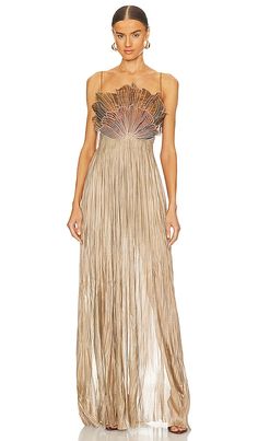 Find MARIA LUCIA HOHAN Mabel Gown In Metallic Bronze on Editorialist. Maria Lucia Hohan Mabel Gown in Metallic Bronze. - size 36/4 (also in 40/8) Maria Lucia Hohan Mabel Gown in Metallic Bronze. - size 36/4 (also in 40/8) 100% silk. Made in Romania. Professional laundry service only. Partially lined. Hidden back zipper closure. Adjustable shoulder straps Back tie closure. Pleated metallic gauze fabric. MLUC-WD5. SS251. Women, and beauty, are multi-faceted and embrace contradiction. They don't fi Beyonce Rihanna, Hollywood Event, Maria Lucia Hohan, Gold Gown, Bride Sister, Made In Romania, Guest Attire, Wedding Guest Looks, Laundry Service