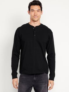 crew neck long sleeves button-henley placket rib-knit trim loose fit hits at hip model is approx.  6'1" and wears size mmachine wash according to the care instruction label  . Best Holiday gift for Men , perfect T Shirts for Christmas! Holiday Gifts For Men, Henley Shirt Men, Henley T Shirt, Old Navy Men, Mens Henley, Male Fashion, Tshirt Outfits, Henley Shirts, Rib Knit