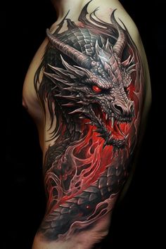 a man's arm with a dragon tattoo on it and red flames in the background