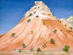 a painting of a mountain with trees growing on it's side and blue sky in the background