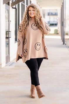 This sweater is sure to make you smile! It is perfect for cold days ahead! Its adorable smiley graphic and lovely mocha color will keep you feeling comfy and stylish! Wear it with skinnies or leggings for a casual chic look! 68% Viscose, 23% PPT, 9% Nylon Oversized Fun Fall Sweater, Oversized Fun Sweater For Fall, Cute Oversized Sweater For Loungewear, Oversized Playful Top For Fall, Trendy Brown Sweater For Loungewear, Casual Winter Tops With Smiley Face, Casual Smiley Face Top For Fall, Casual Smiley Face Winter Tops, Trendy Fall Tops With Smiley Face