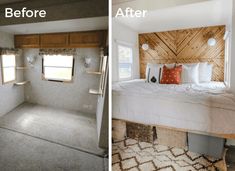 before and after photos of a bedroom in a mobile home