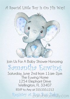 Blue Elephant Baby Shower Invitations Baby Boy Shower Invites, Suki Baby, Elephant Baby Shower Invitations Boy, Blue Elephant Baby Shower, Elephant Baby Shower Boy, Safari Baby Shower Invitations, Elephant Baby Shower Theme, Animal Baby Shower Invitations, Elephant Shower