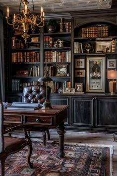 an old fashioned desk and chair in front of a bookshelf