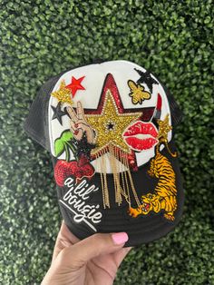 Star Lil' bougie Custom Trucker Hat Black and white tiger cherries Trendy White Mini Hat For Party, Casual White Trucker Hat For Party, Socks And Jeans, Trucker Hat Black, Custom Trucker Hats, Diy Clothes Design, Diy Hat, White Tiger, Custom Hats