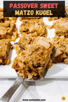 a close up of food on a plate with a spoon and text overlay that reads passover sweet matzo kugel