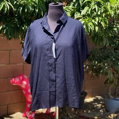 Uniqlo Navy Shirt - Short Sleeve, See Picture 6 On How The Sleeve Looks Like - Length Is Around 27 1/2” - Pit-Pit About 26” Will Be Steamed Before Shipping Collared Rayon Shirt With Button Closure, Collared Rayon Blouse For Daywear, Daywear Button-up Rayon Shirt, Button-up Rayon Blouse, Button-up Rayon Tops For Daywear, Rayon Button-up Tops For Daywear, Collared Rayon Top With Buttons, Rayon Button-up Blouse, Casual Rayon Collared Blouse