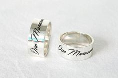 ✤ The ring is a Solid High-Quality Sterling Silver Ring. (Nickel free ring) ✤ Unique and personalized, you can add name, date, initials, quote, signature, handwriting, picture, etc. Make it only one piece in the world. ✤ Using a computer engraving machine to engrave the ring. Many font designs, consistently line and sharp. IF YOU HAVE ANY QUESTIONS or REQUEST, PLEASE CONTACT ME. = RING DETAILS = ✤ Band wide: 10 mm (If you want other wide, please visit my shop or contact me.) ✤ Engraved Color: Bl Boyfriend Promise Ring, Matching Promise Rings, Ring For Boyfriend, Ring Name, Promise Rings For Him, Stamped Ring, Promise Rings For Guys, Promise Rings For Couples, Engraved Ring