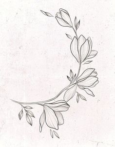 a black and white drawing of a branch with leaves on it's end, in the shape of a crescent