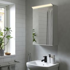 a white sink sitting under a bathroom mirror next to a plant in a window sill