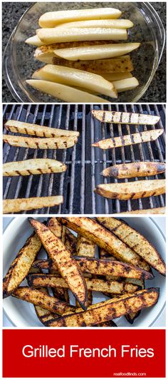 grilled french fries on the grill with text overlay that says grilled french fries