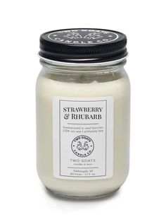 Strawberry And Rhubarb Scented Soy Candle | Old-time summer goodness! Yummy ripe REAL strawberries simmering with REAL fresh, garden cut rhubarb! Did I say yum?! This scent smells so real you won't believe it! Light up any room with this wonderful fragrance. Collect this awesome candle. #scentedcandle #fragrancecandle #soycandles #scentedsoycandle #twogoatscandleco