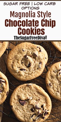 chocolate chip cookies on a cooling rack with text overlay