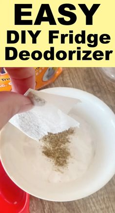 a person is dipping some kind of food into a white plate with the words easy diy fridge deodorizer on it