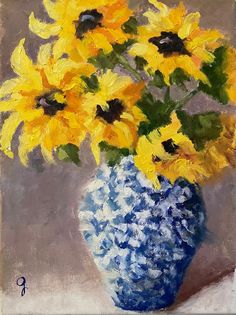 a painting of sunflowers in a blue and white vase