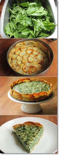 there are four different pictures of food in the same pan and one has spinach on it