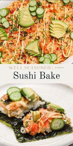 sushi bake with cucumbers and cheese on top, served in a white dish