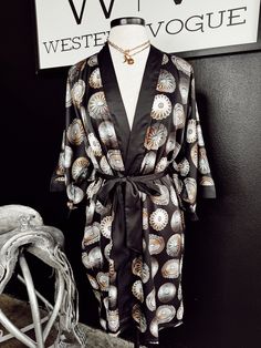 Every girl NEEDS a silk robe in their life & why not this gorgeous satin concho print one?!! Would be cute as a swimsuit cover too! Features a satin self tie belt. 100% Polyester Vogue Home, Rodeo Drive, Silk Robe, Girl Needs, Swimsuit Cover, British Indian, Every Girl, Tie Belt, Jumpsuit Dress