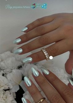 Solid Nail Inspo Acrylic, Cute Solid Nails, Solid Colour Nail Ideas, Mint Chrome Nails, Solid Colour Nail, Nails Almond Chrome, Crome Nails Almond, Solid Colour Nails, Nail Inspo Unique