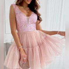 Pink Sequin Dress Sz Large Feminine V-neck Dress For Prom, Feminine V-neck Mini Dress For Prom, Flirty V-neck Wedding Dress, Feminine V-neck Bridesmaid Mini Dress, V-neck Dresses For Bridesmaid Party Season, Pink V-neck Mini Dress For Bridesmaid, Feminine V-neck Prom Dresses, Feminine Summer Dresses With Sequins, Spring Flirty Sequin Dresses