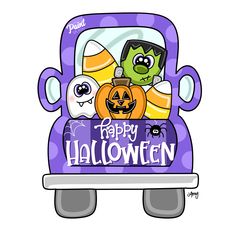 a cartoon character driving a car with halloween decorations on it